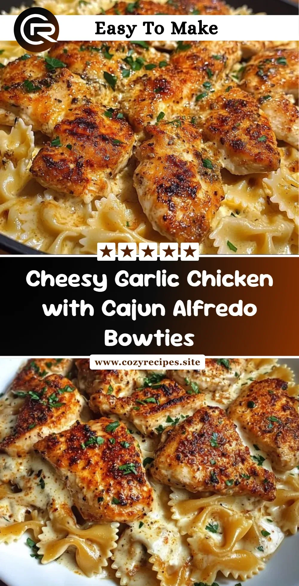Plate of cheesy garlic chicken with Cajun Alfredo bowties