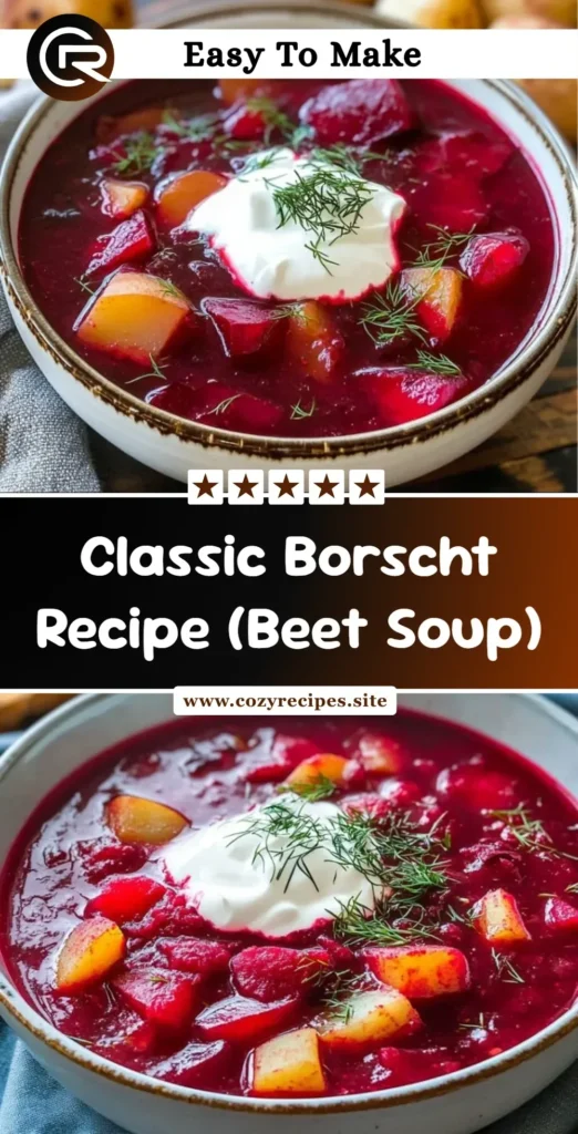 Bowl of classic borscht, a traditional beet soup garnished with sour cream and herbs.