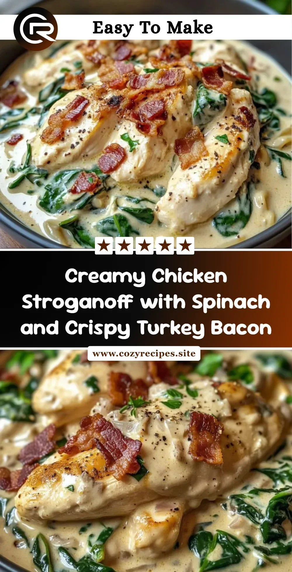 Creamy chicken stroganoff with spinach and crispy turkey bacon served in a skillet