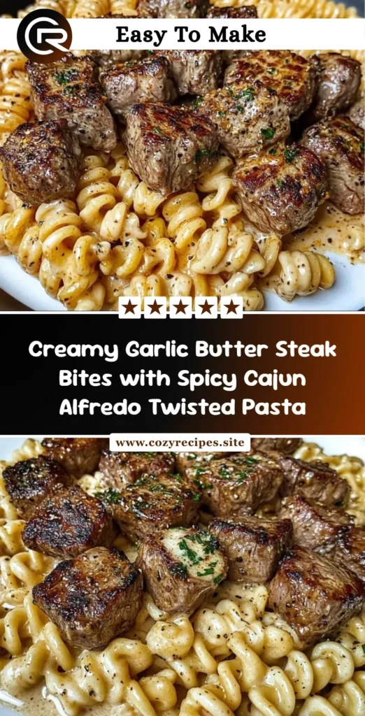 Creamy garlic butter steak bites served with spicy Cajun Alfredo twisted pasta.