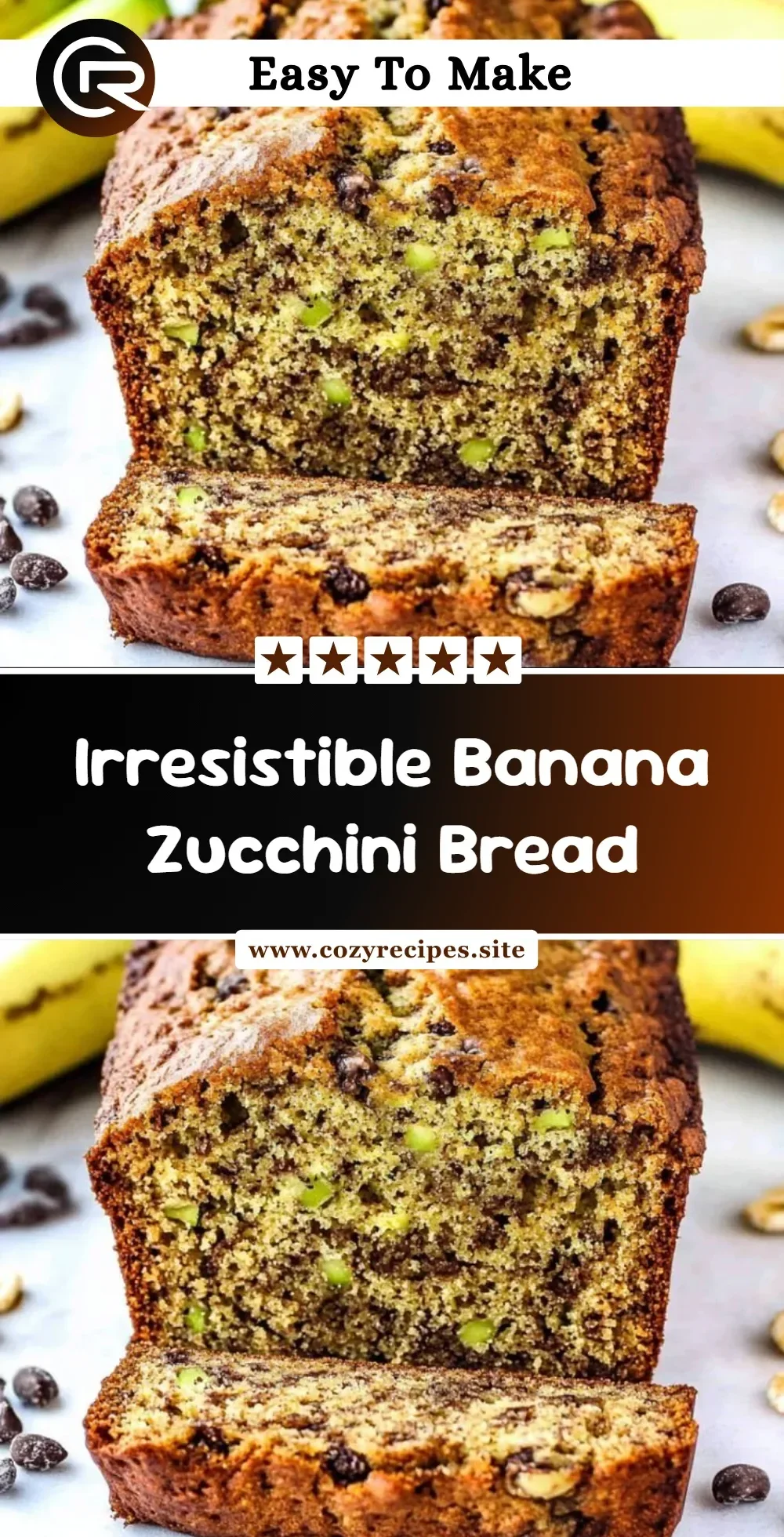 Slice of delicious banana zucchini bread topped with nuts and chocolate chips