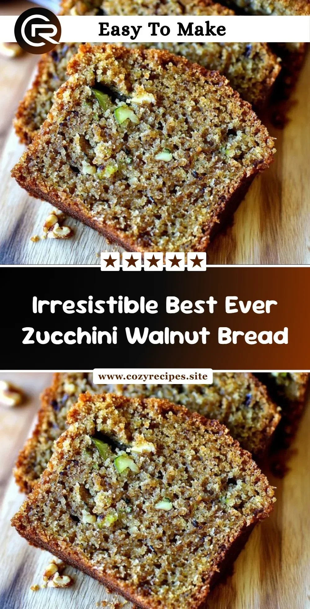 Loaf of zucchini walnut bread on a wooden cutting board