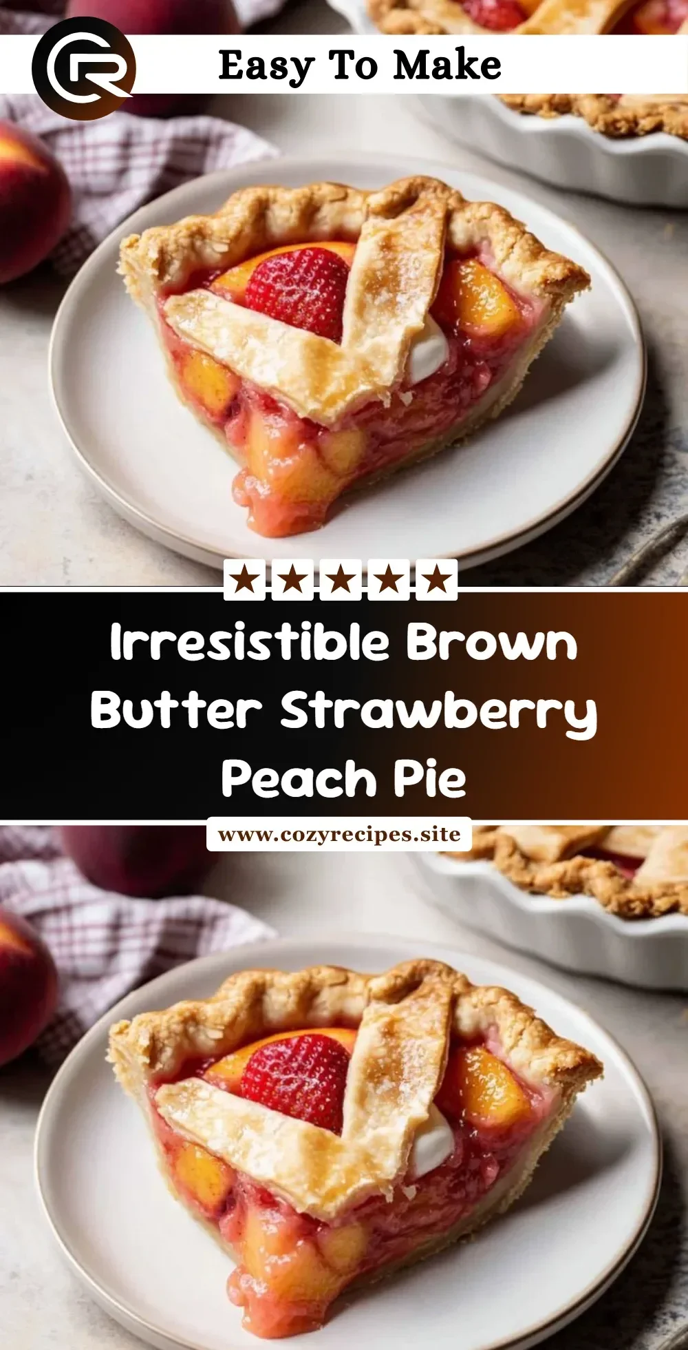 Delicious brown butter strawberry peach pie with fresh fruits and golden crust
