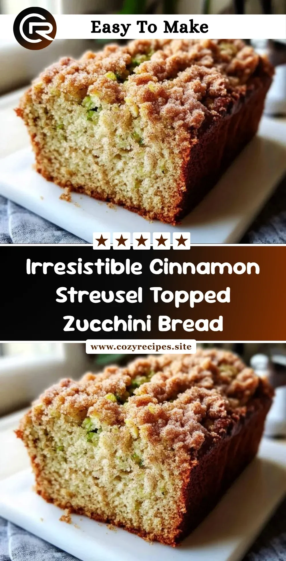 Delicious cinnamon streusel topped zucchini bread fresh out of the oven