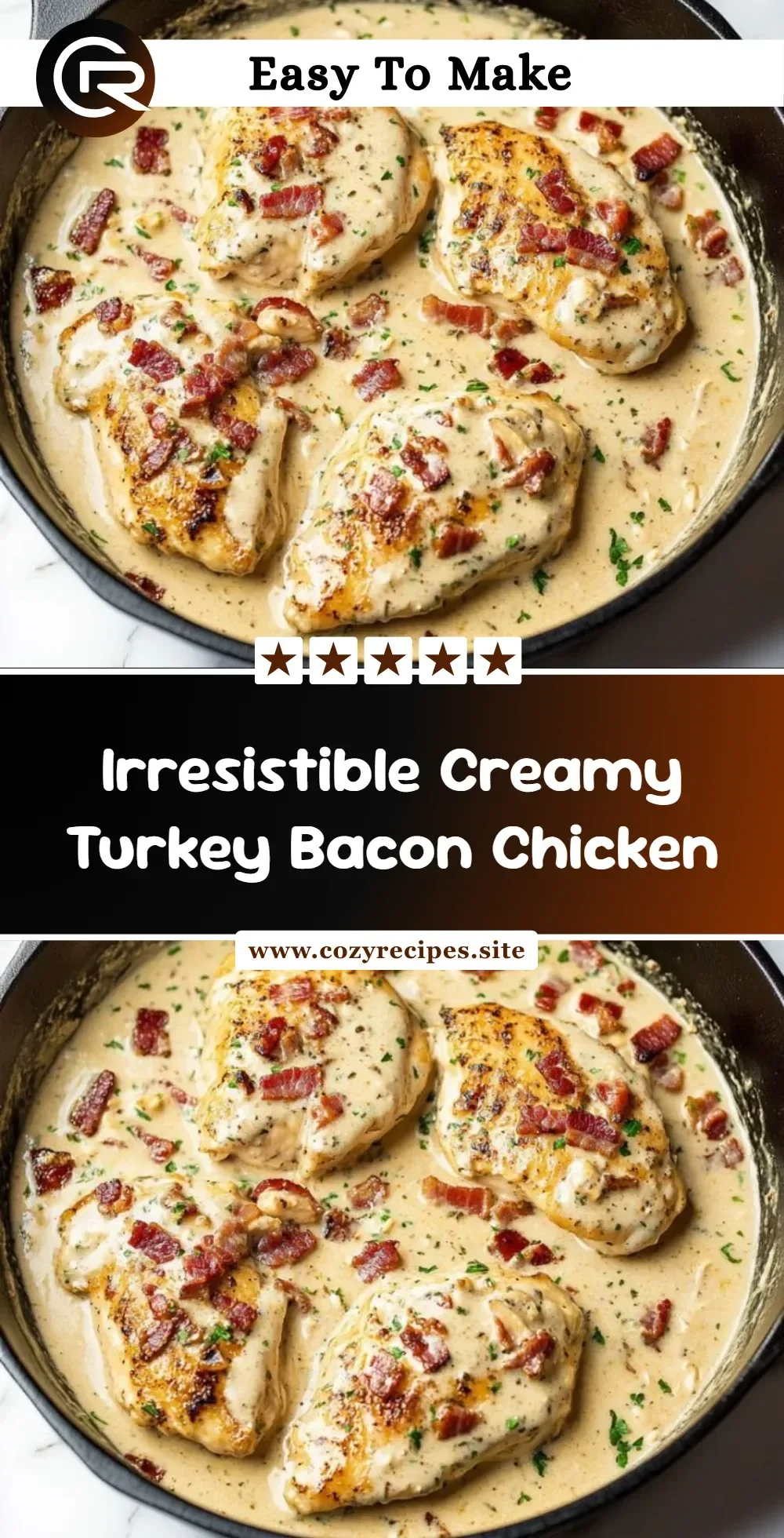 Creamy turkey bacon chicken dish garnished with herbs, served in a plate.