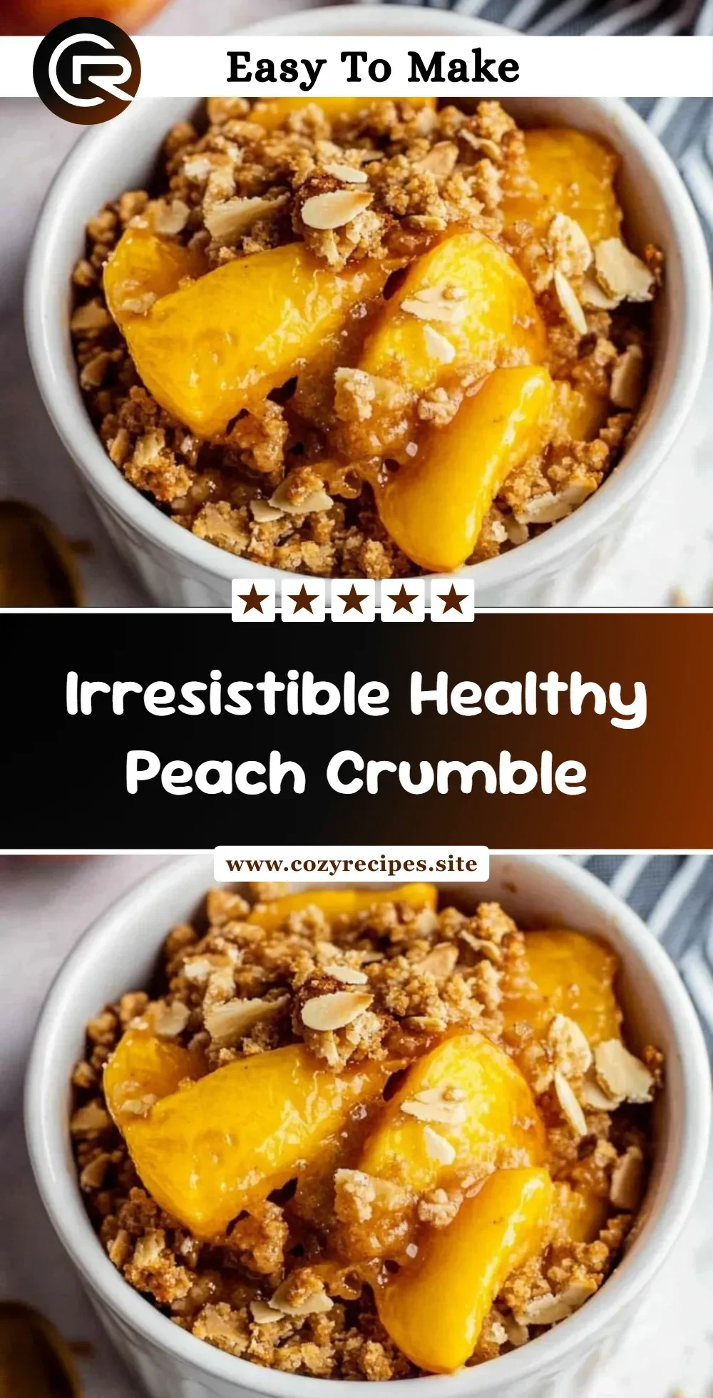 Healthy peach crumble dessert topped with oats and served in a rustic dish
