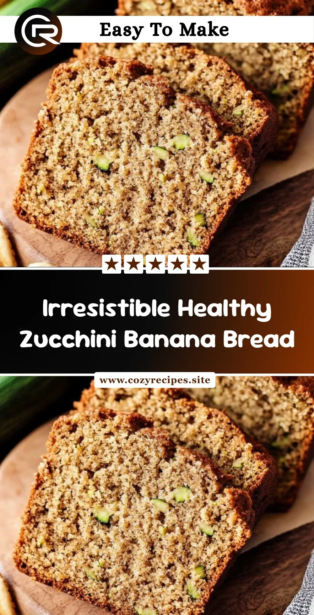 Sliced healthy zucchini banana bread on a wooden board with a banana and zucchini beside it.