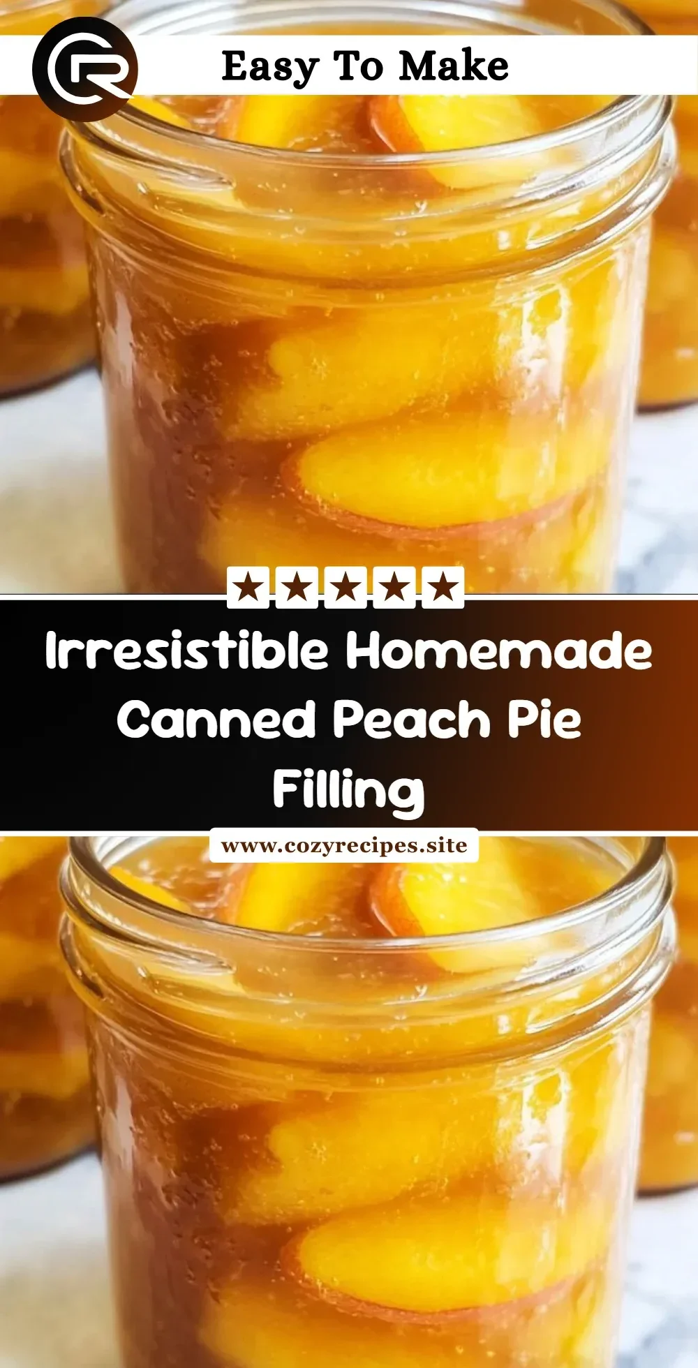 Homemade canned peach pie filling in a glass jar with fresh peaches