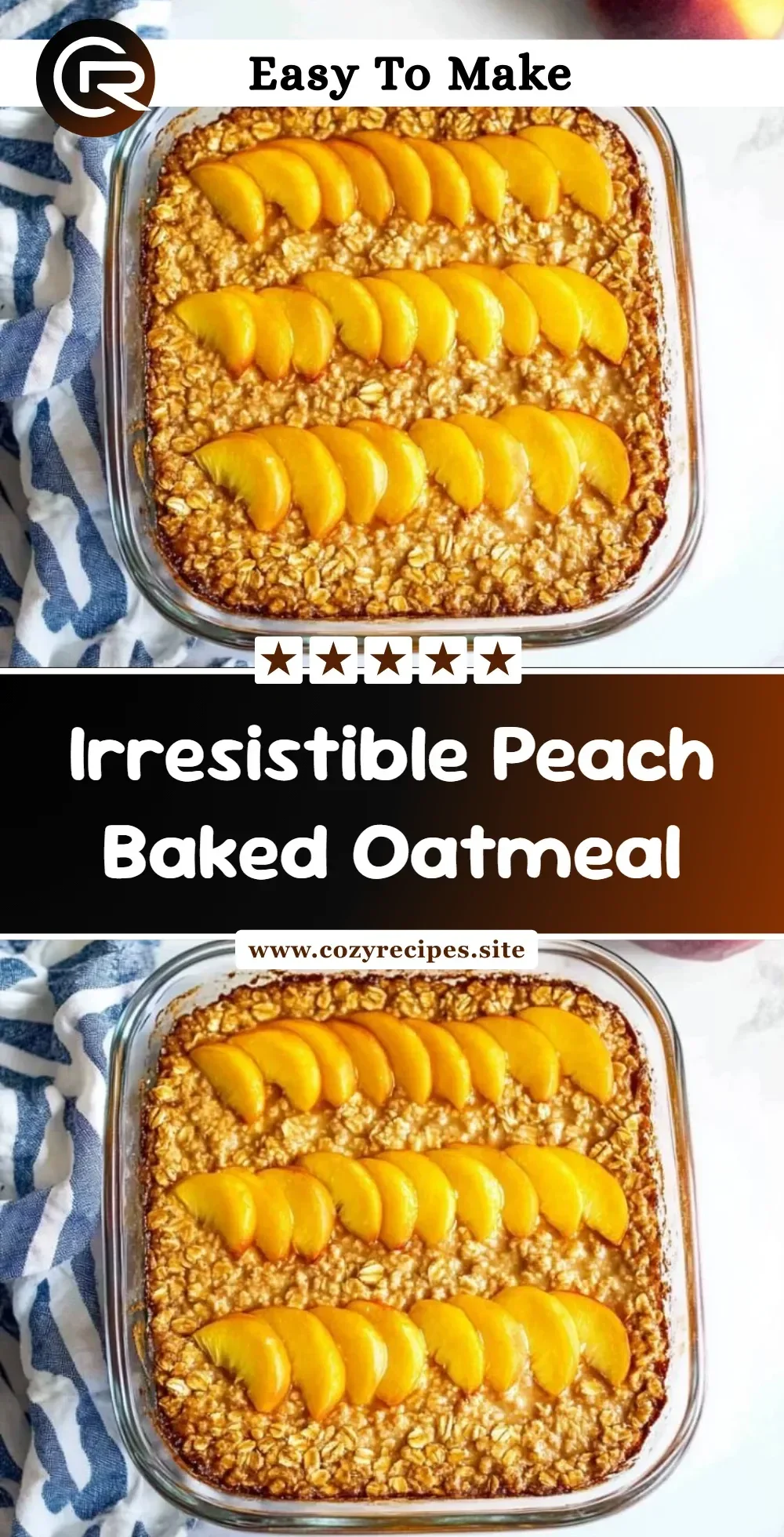 Irresistible Peach Baked Oatmeal served in a bowl with fresh peaches.