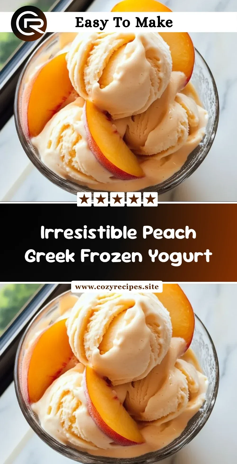 Irresistible peach Greek frozen yogurt in a bowl with fresh peach slices.