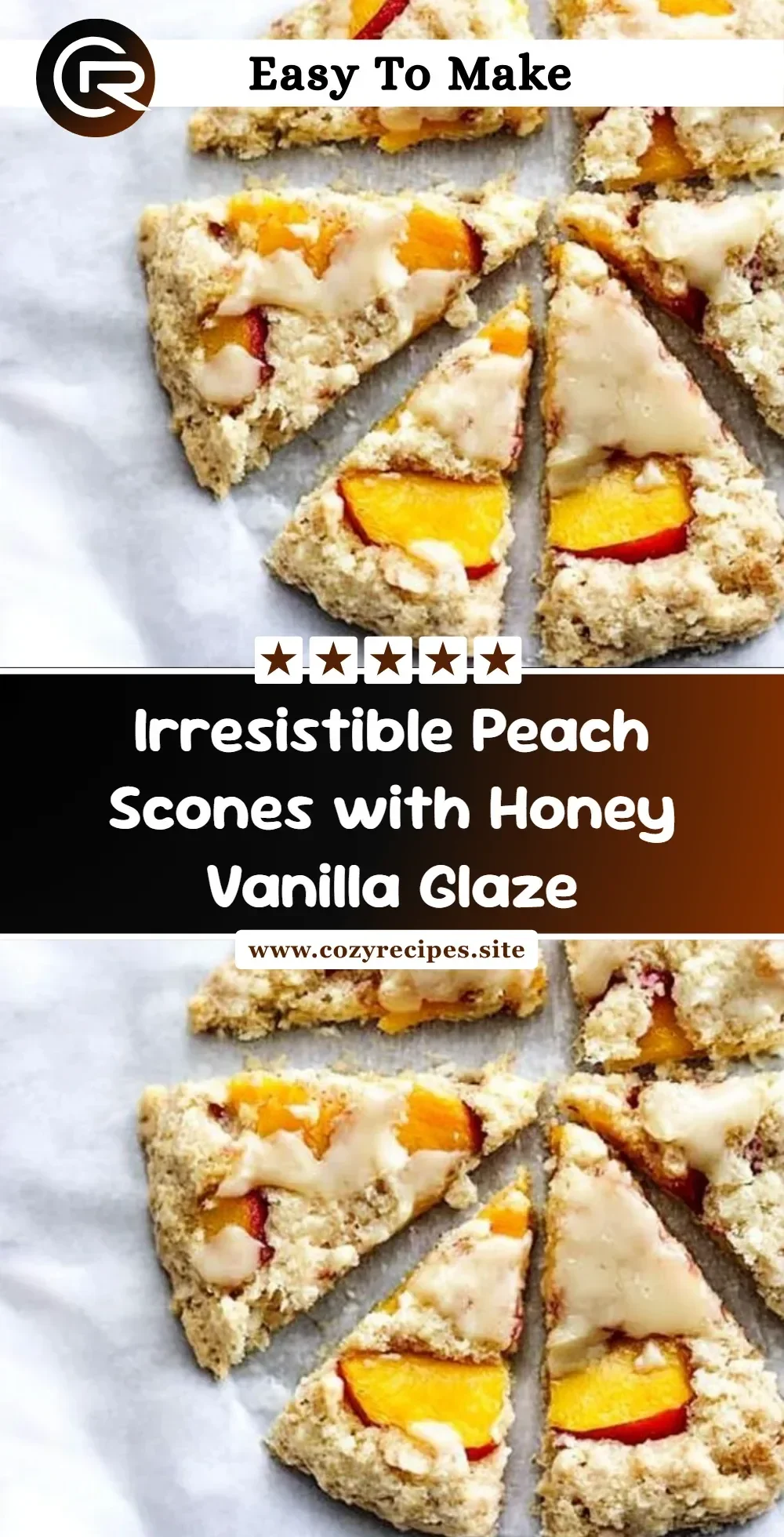 Irresistible peach scones with honey vanilla glaze on a plate