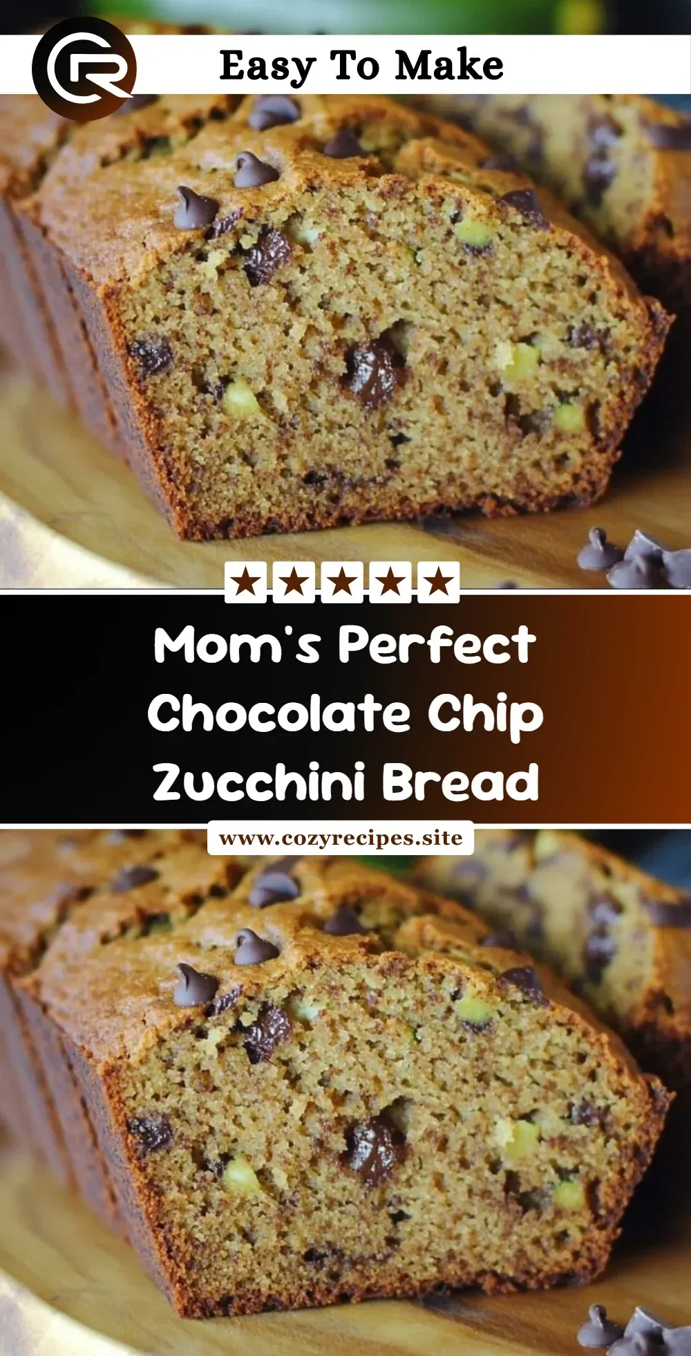 Sliced Mom's Perfect Chocolate Chip Zucchini Bread on a wooden table