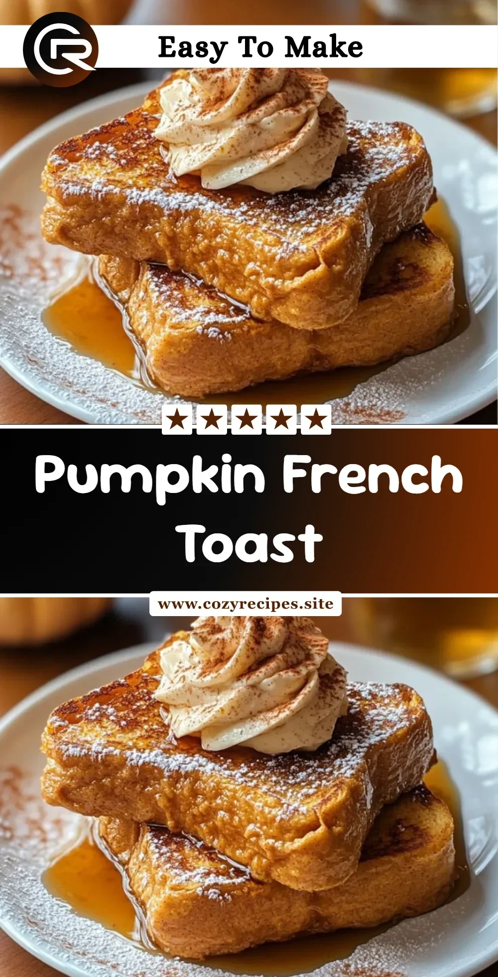 Delicious Pumpkin French Toast served with syrup and whipped cream on a plate.
