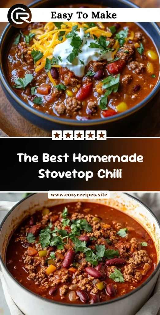 Bowl of flavorful homemade chili cooked on the stovetop, garnished with herbs.